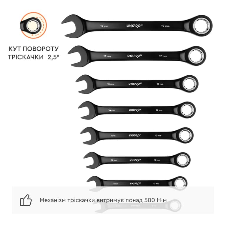 Набір ключів комбінованих з тріскачкою Dnipro-M ULTRA в чохлі (8-19 мм) 8 шт. — фото 3
